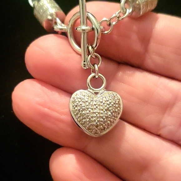 Sterling braided chain with pave diamond heart necklace - Picture 2 of 4